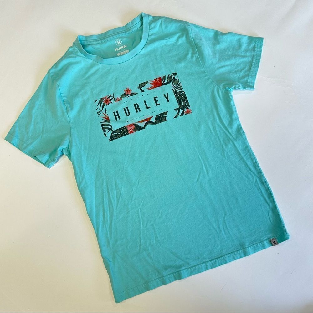 Hurley Mens Sm Floral Hawaiian Aqua Blue Short Sleeve